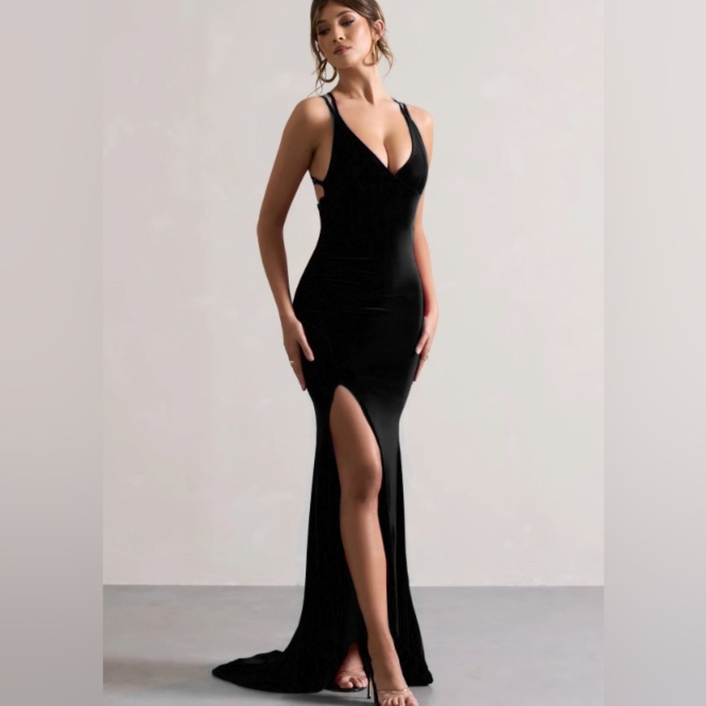 NWT Club L London Black Lucky Day Cross Over Back Fishtail Maxi Dress UK Size 6